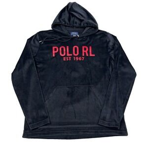 Polo Ralph LaurenHoodie Men Medium Black Red Sleep Wear Velour Lounge Spellout
